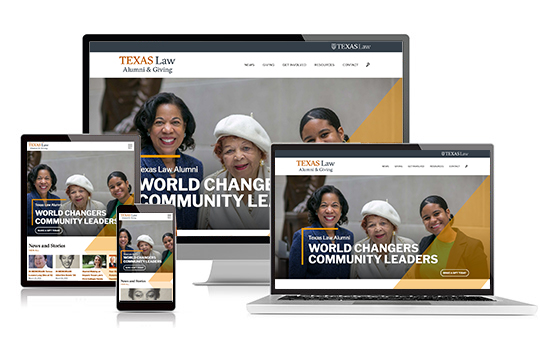 Texas Law alumni site redesign on various screen sizes